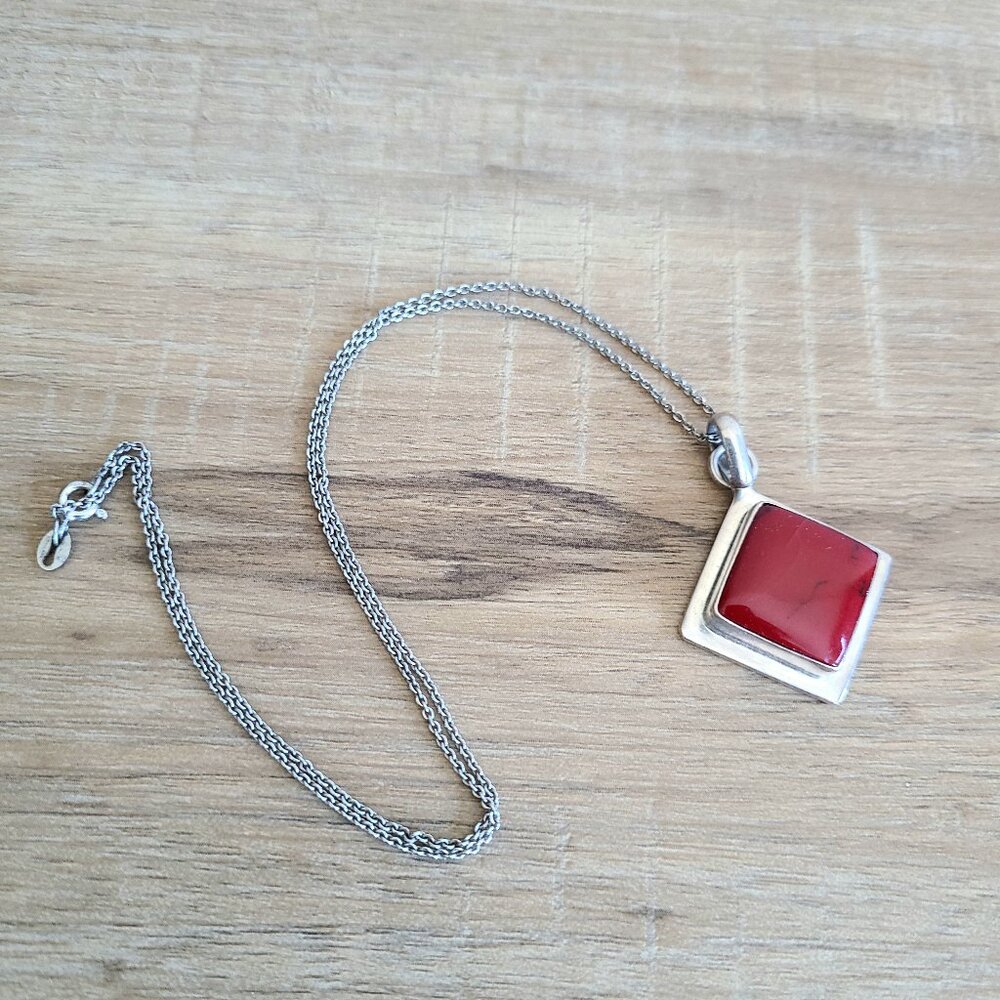 Sterling silver pendant on chain with red stone. - Picture 2 of 5